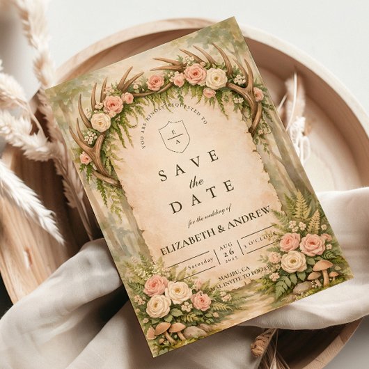 Antler Botanical Rustic Wedding セーブザデート