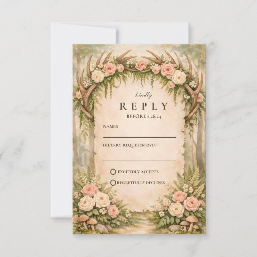 Antler Botanical Rustic Wedding 出欠カード (正面)