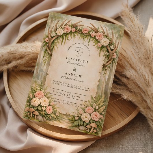 Antler Botanical Rustic Wedding 招待状