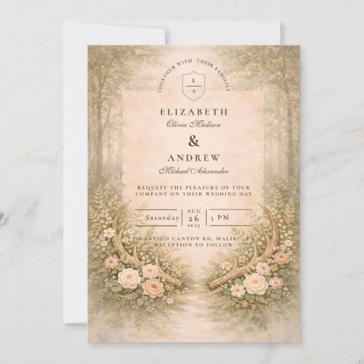 Antler Floral Boho Wedding 招待状 (正面)
