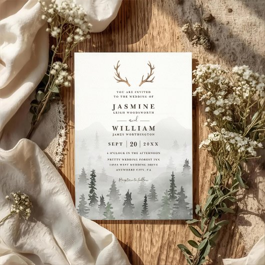 Antler Forest Mountain Tree Rustic QR Code Wedding 招待状