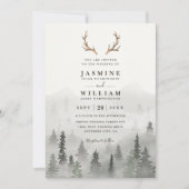 Antler Forest Mountain Tree Rustic QR Code Wedding 招待状 (正面)
