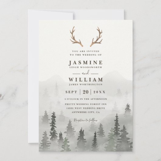 Antler Forest Mountain Tree Rustic QR Code Wedding 招待状 (正面)