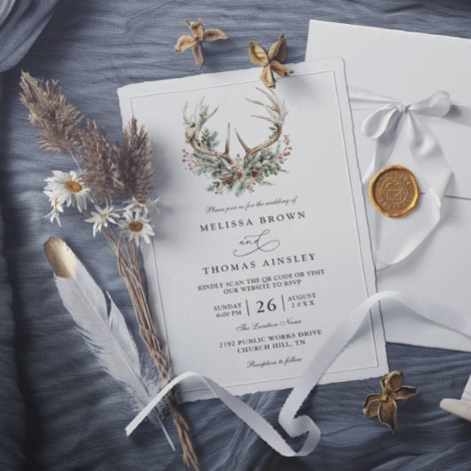 Antlers Rustic Floral Greenery QR Code Wedding 招待状