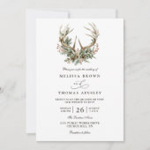 Antlers Rustic Floral Greenery QR Code Wedding 招待状 (正面)