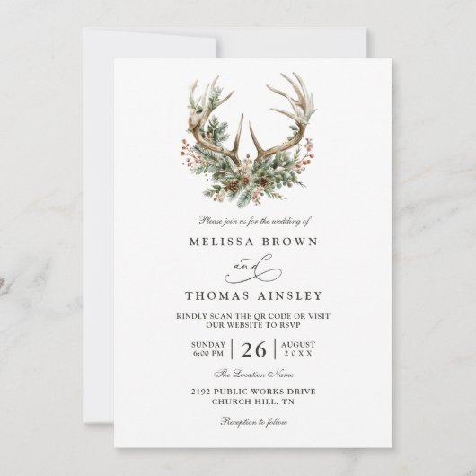 Antlers Rustic Floral Greenery QR Code Wedding 招待状 (正面)