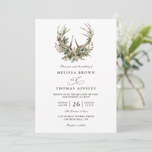 Antlers Rustic Floral Greenery QR Code Wedding 招待状 (スタンド正面)