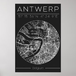 Antwerp City Map Poster Charcoal Minimal European  ポスター