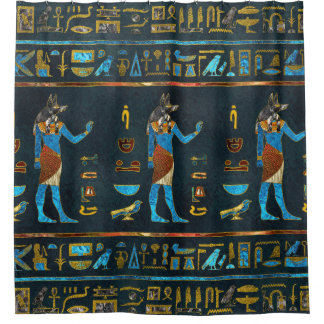 Anubisのエジプトの金ゴールドの、青および赤いガラス シャワーカーテン