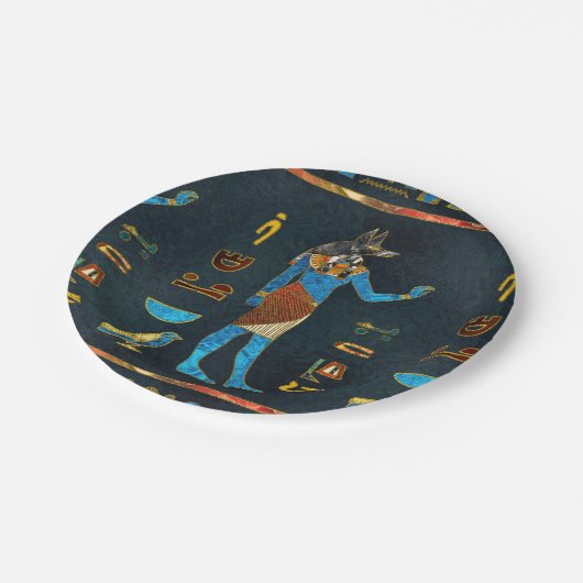 Anubisのエジプトの金ゴールドの、青および赤いガラス ペーパープレート (アングル)