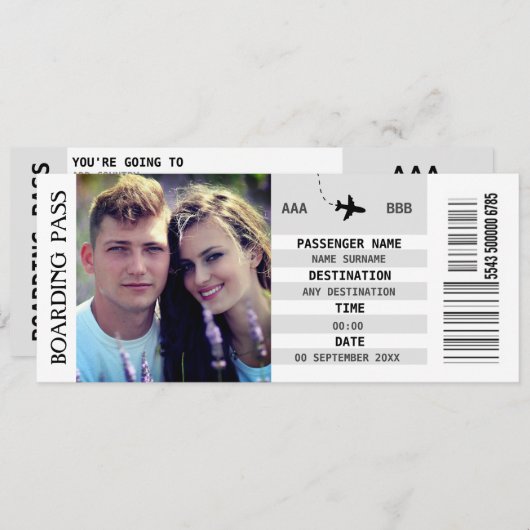 ANY目的地の搭乗券のゲートウェイのカップル 招待状 (正面/裏面)
