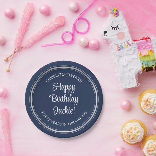 ANY誕生日エレガントネイビーブルーホワイト&シルバーフェイク ペーパープレート (パーティー)