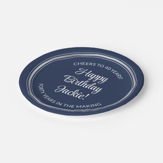 ANY誕生日エレガントネイビーブルーホワイト&シルバーフェイク ペーパープレート (アングル)