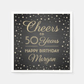 ANY誕生日応援エレガントブラックおよび金ゴールドグリッター スタンダードカクテルナプキン (正面)