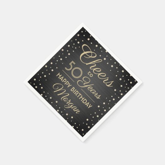 ANY誕生日応援エレガントブラックおよび金ゴールドグリッター スタンダードカクテルナプキン (角)