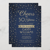 ANY誕生日応援ネイビーブルーと金ゴールド紙吹雪 招待状 (正面/裏面)