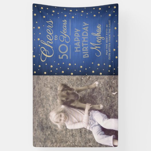 ANY誕生日応援ブラシ付き青と金ゴールド1写真 横断幕 (縦)