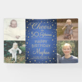 ANY誕生日応援ブラシ付き青と金ゴールド4写真 横断幕 (横)