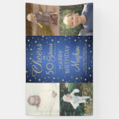 ANY誕生日応援ブラシ付き青と金ゴールド4写真 横断幕 (縦)