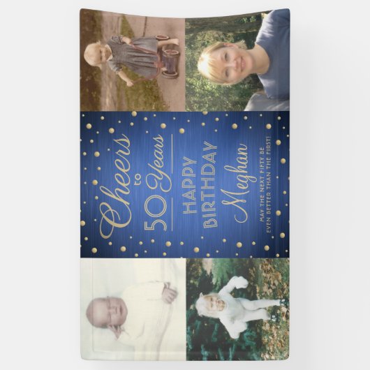 ANY誕生日応援ブラシ付き青と金ゴールド4写真 横断幕 (縦)