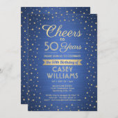 ANY誕生日応援ブラッシュブルーと金ゴールド紙吹雪 招待状 (正面/裏面)