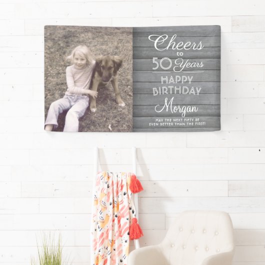 ANY誕生日応援素朴ウッドグレーホワイト1写真 横断幕 (インサイチュ)