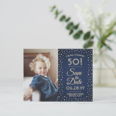 ANY誕生日2 Photo Navy Blue金ゴールド保存日 インビテーションポストカード (スタンド正面)