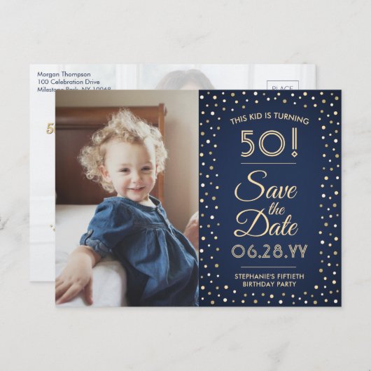 ANY誕生日2 Photo Navy Blue金ゴールド保存日 インビテーションポストカード (正面/裏面)