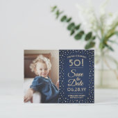 ANY誕生日2 Photo Navy Blue金ゴールド保存日 インビテーションポストカード (スタンド正面)