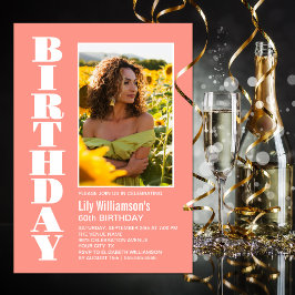 Any モダン Age Coral White Photo Birthdayパーティー 招待状