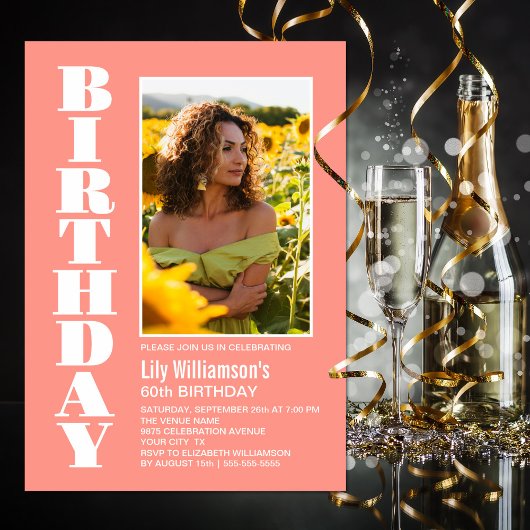 Any モダン Age Coral White Photo Birthdayパーティー 招待状