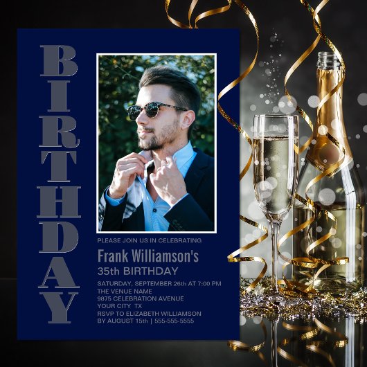 Any モダン Age Gray Navy Blue Photo Birthday Party 招待状