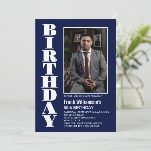 Any モダン Age Navy Blueホワイト写真誕生日 招待状 (スタンド正面)