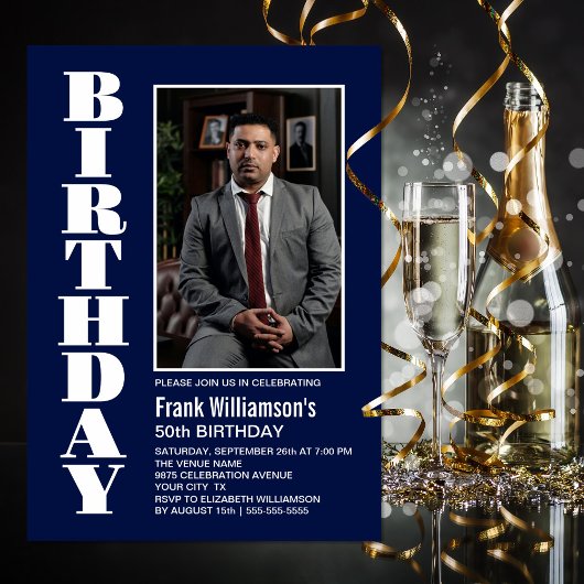 Any モダン Age Navy Blueホワイト写真誕生日 招待状