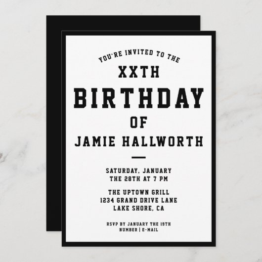 ANY AGEカッコいい誕生日招待状 |黒と白 招待状 (正面/裏面)