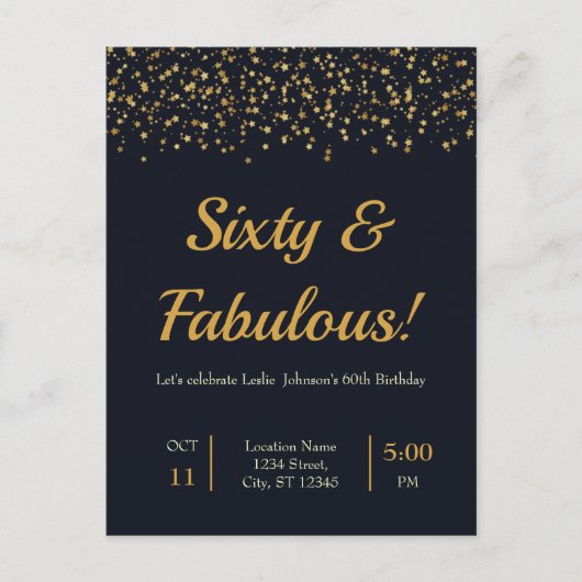 Any Ageスタイリッシュ金ゴールドスターズ誕生パーティー インビテーションポストカード (正面)