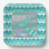 ANY AGEティール（緑がかった色）マーメイドシルバーグリッターハッピーバースデー ペーパープレート (正面)