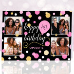 Any Ageハッピーバースデーカスタムフォトピンク21st カード<br><div class="desc">フォトコラージュスタイリッシュグリーティングカードを作成！4つの写真、受信者のお気に入りの名前、誕生日の年齢でテンプレートをカスタマイズする。丸いおもしろい、バルーン、ハッピーバースデーをトレンディースクリプトでフィーチャーした紙吹雪デザイン。家族、子供、友人、ペットに最適！印刷された色：ピンク、黒、白、金ゴールド。</div>