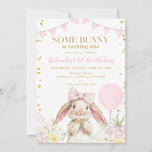 ANY AGEバニーピンクの水色ワイルドフラワー誕生日 招待状 (正面)