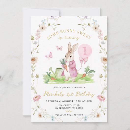 ANY AGEバニーピンクの水色ワイルドフラワー誕生日 招待状 (正面)