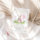 ANY AGEバニーピンクの水色ワイルドフラワー誕生日 招待状