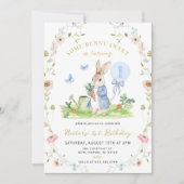 ANY AGEバニーブルーウォーターカラーワイルドフラワー誕生日 招待状 (正面)