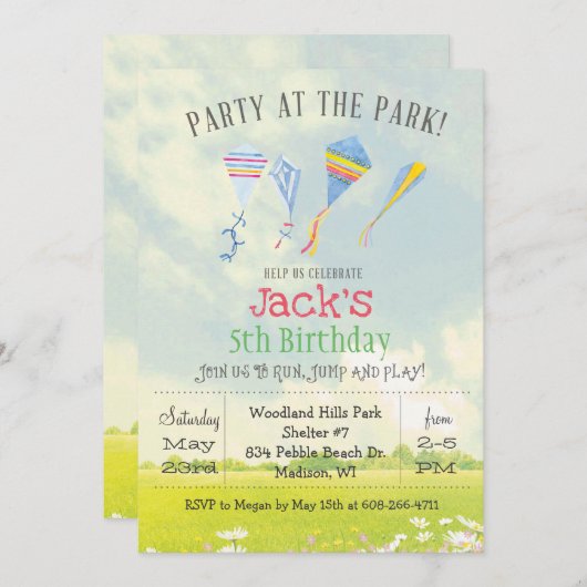 ANY AGEパーティーアットザパークカイト誕生日招待状 招待状 (正面/裏面)