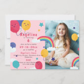 ANY AGEピンクバルーン&レインボウ2フォト誕生日 招待状 (正面)