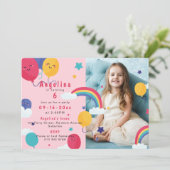 ANY AGEピンクバルーン&レインボウ2フォト誕生日 招待状 (スタンド正面)