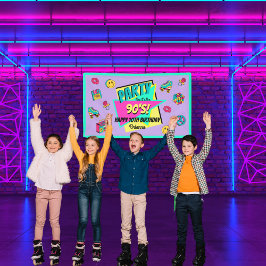 ANY AGEレトロ90のパーティー紫ピンクティール（緑がかった色）誕生日 横断幕