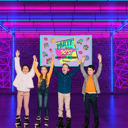 ANY AGEレトロ90のパーティー紫ピンクティール（緑がかった色）誕生日 横断幕