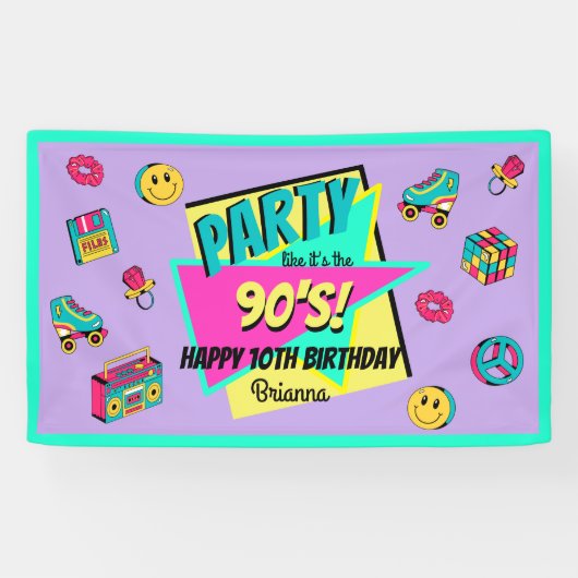 ANY AGEレトロ90のパーティー紫ピンクティール（緑がかった色）誕生日 横断幕 (横)