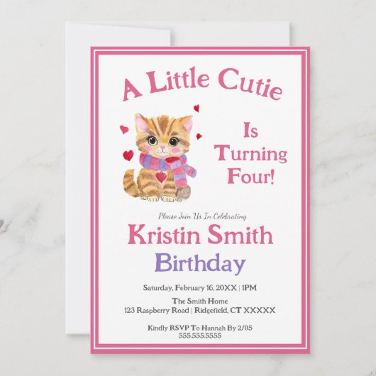 ANY AGE水彩バレンタインデー子猫誕生日 招待状 (正面)