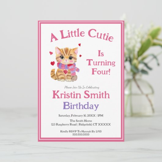 ANY AGE水彩バレンタインデー子猫誕生日 招待状 (スタンド正面)